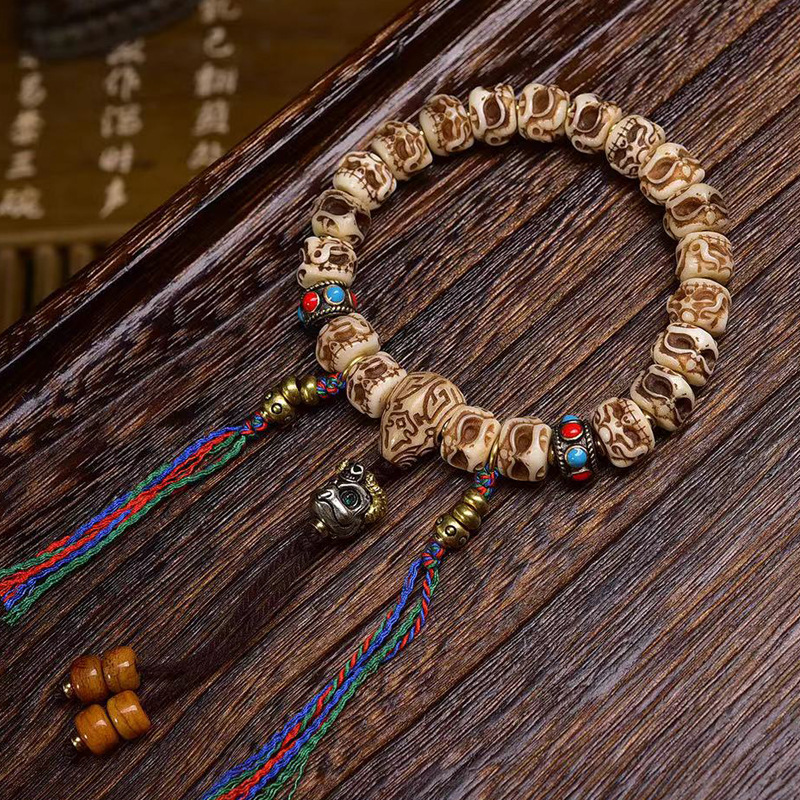 藏传回流骨双面雕刻大鹏鸟文玩手串单圈尼泊尔铜珠配饰手链饰品