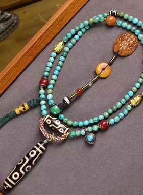 天然玛瑙九眼天珠吊坠毛衣链藏式文玩佛珠财神天珠回流骨松石项链