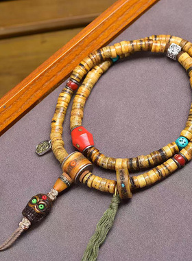 藏传回流牦牛骨108颗佛珠念珠脖挂藏式文玩三通佛头阿呆料器配饰