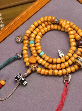 藏传回流骨大肠珠108颗佛珠念珠脖挂藏式文玩牦牛骨玛瑙松石配饰