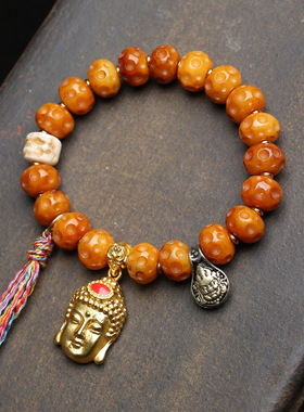 藏传回流骨雕刻文玩手串单圈老骨三通料器筛子铜佛头吊坠配饰手钏