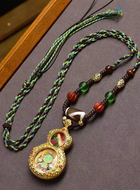 纯手工编织绳项链手搓绳藏式文玩随身唐卡绿度母吊坠毛衣链可调节