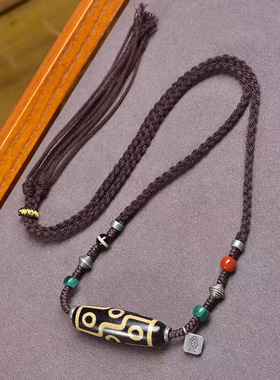 天然玛瑙九眼天珠吊坠毛衣链南红玛瑙一线天珠配饰手工编织绳项链