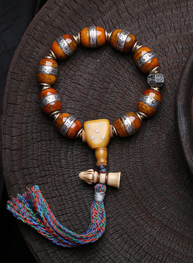 藏传回流老银雕刻镶嵌牦牛骨手串单圈藏式流苏三七银配饰文玩手链