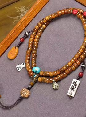 藏传回流骨桶珠108颗佛珠念珠脖挂文玩松石牦牛骨貔貅阿呆配饰