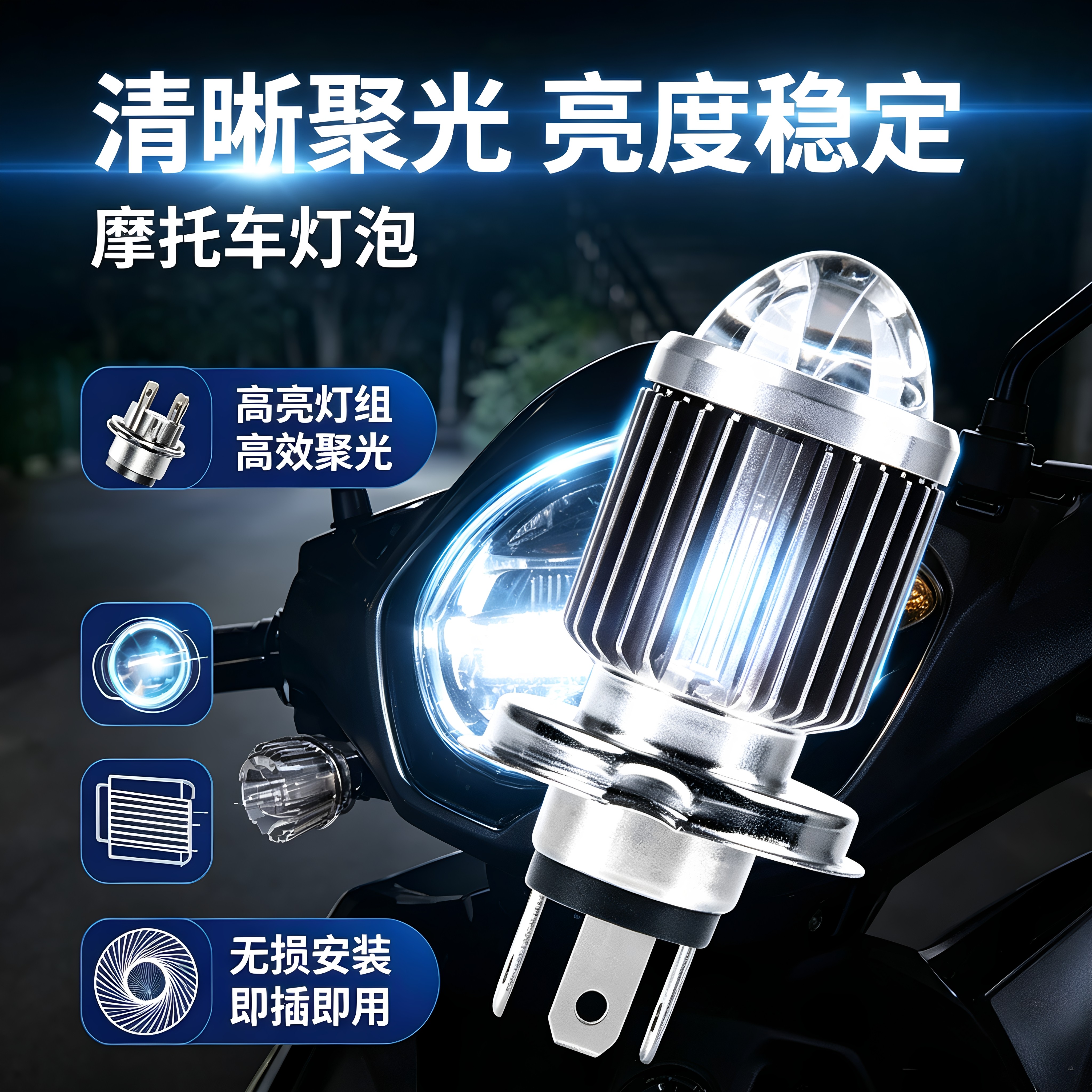 100W摩托车LED带透镜灯泡12V前大灯通用电动车灯三爪双爪高亮聚光