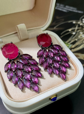紫色树叶耳环法式复古民族风镶锆石花朵耳坠个性小众欧美夸张耳饰