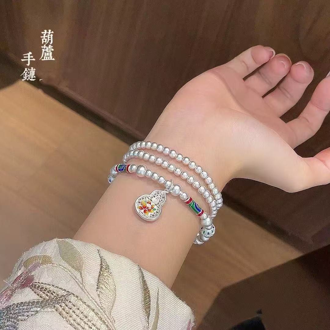 复古银色手链女古法珐琅彩三圈