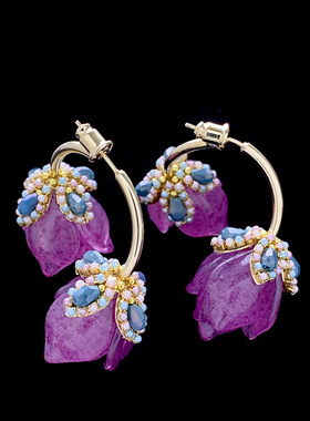 紫色郁金香花朵耳环女高级感超仙小众设计耳坠前后款个性银针耳饰