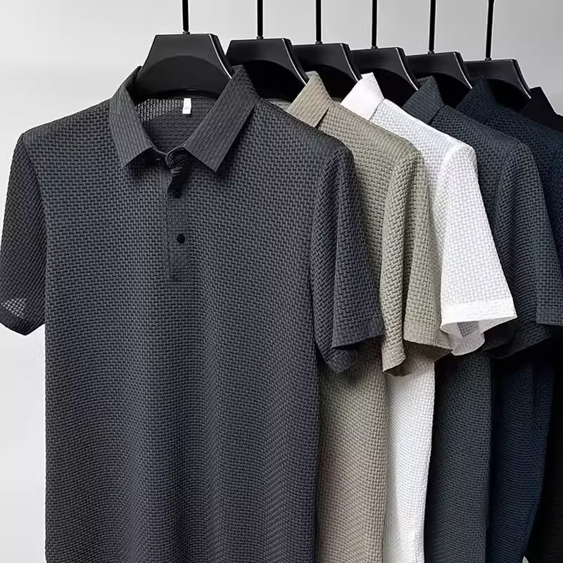 轻熟风薄款冰丝男翻领短袖POLO衫休闲百搭青年纯色半袖上衣服夏天