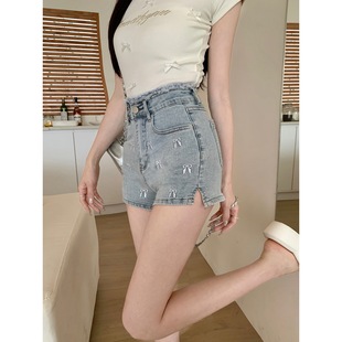 甜美弹力提臀显瘦热裤 实拍2025夏季 美式 新款 潮 刺绣蝴蝶结牛仔短裤