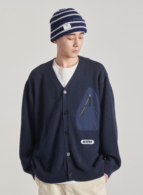 KITH美潮V领拼接口袋毛衣开衫男纯色男潮牌针织衫情侣装外套女