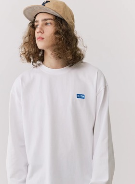 美潮KITH 植绒小logo box圆领宽松全棉长袖打底恤落肩男Tee情侣款
