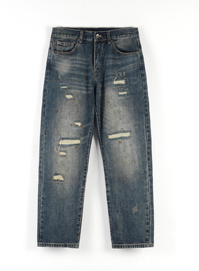 捡漏清仓！KITH重磅美式复古水洗做旧破坏牛仔裤宽松直筒休闲长裤