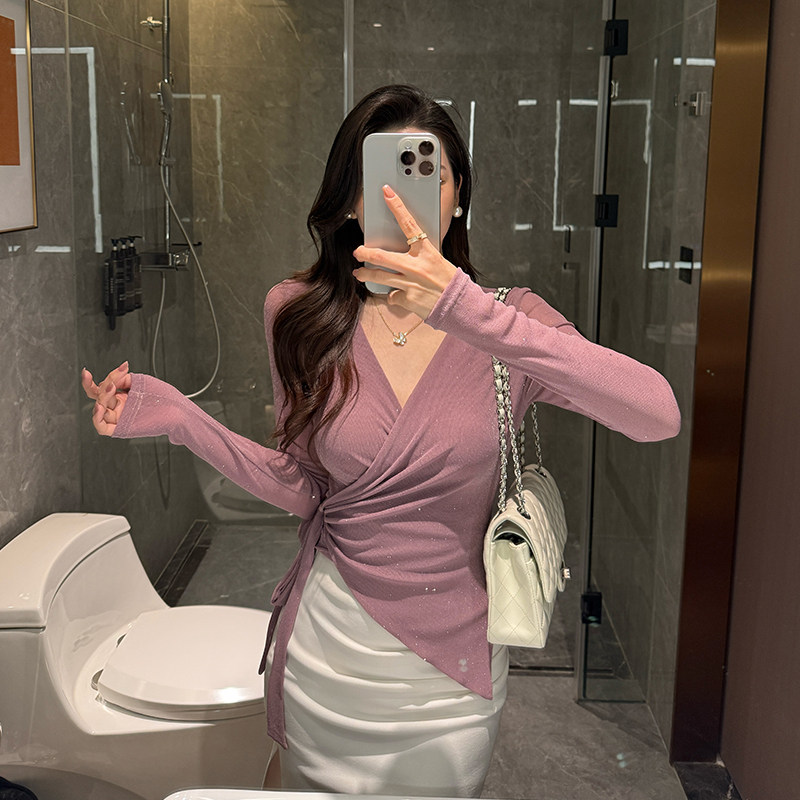 [冷萃海芋]修身绑带上衣女春夏气质轻奢弹力交叉V领长袖百搭小衫