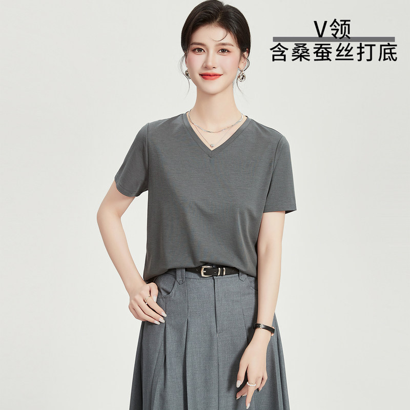【李夫人粉丝专享】基础简约纯色含桑蚕丝打底单品夏季V领女式T恤