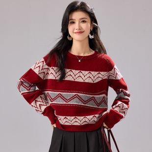 350克左右 羊毛衫 李夫人专享25年秋冬厚款 条纹提花圆领宽松女式