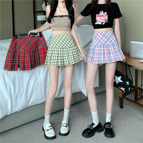 美式复古格纹撞色开叉半身裙女夏季新款学院风高腰百褶裙小个子短