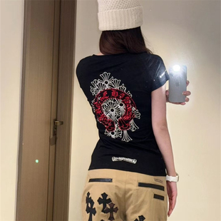 十字架梵文印花短袖T恤女夏季新款美式复古V领修身显瘦百搭上衣