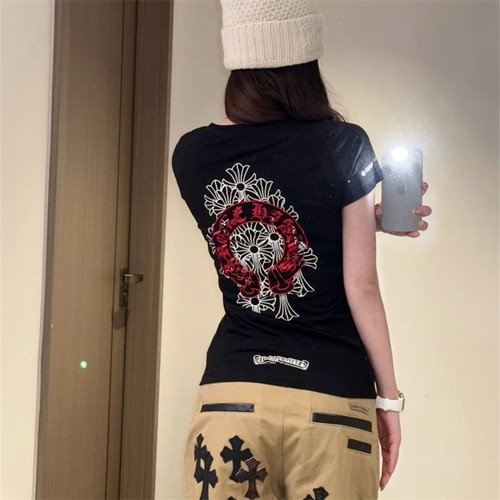 十字架梵文印花短袖T恤女夏季新款美式复古V领修身显瘦百搭上衣