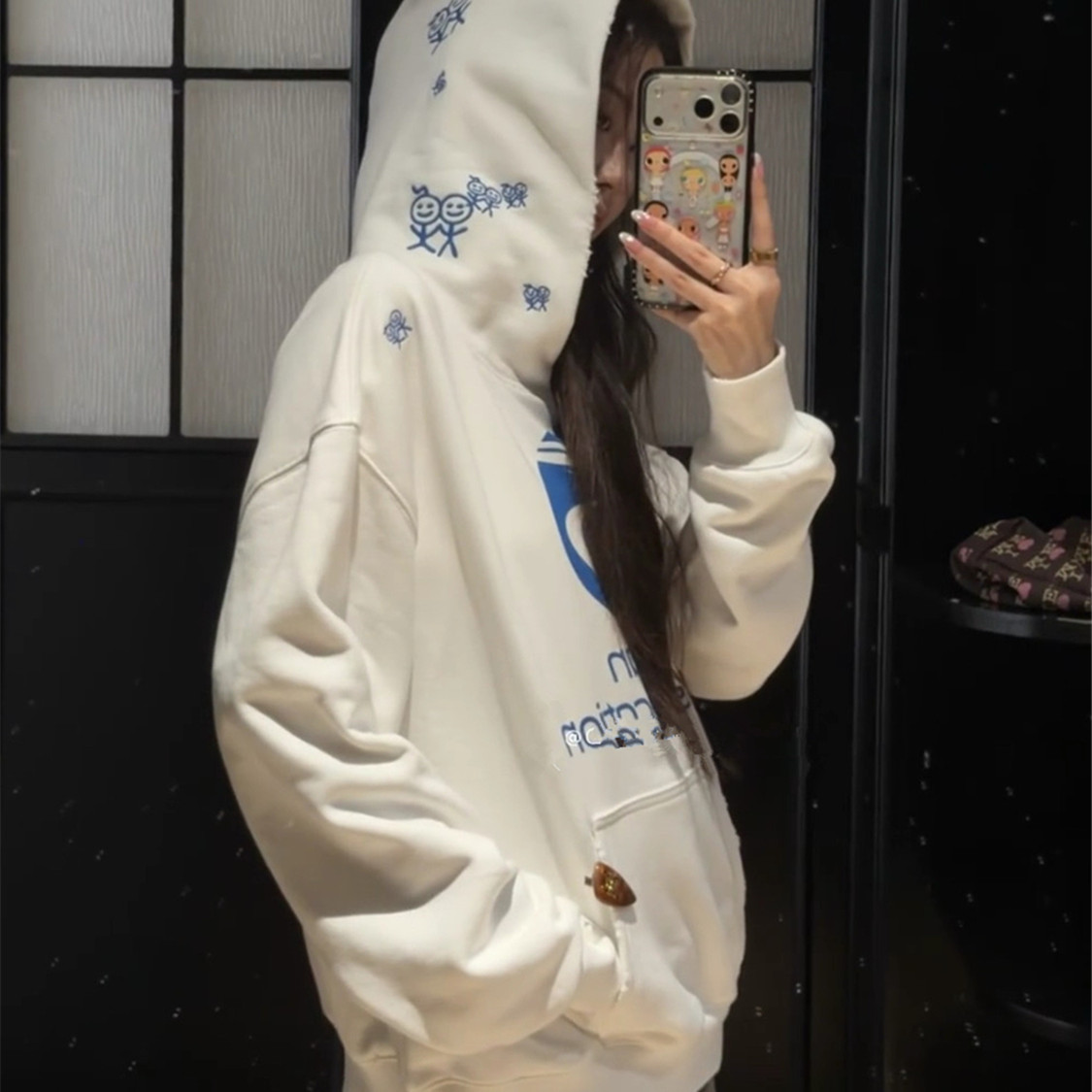 火柴人刺绣字母印花连帽卫衣女秋季做旧宽松显瘦设计感休闲上衣潮图片