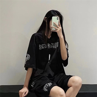 梵文涂鸦网眼长/短袖T恤女夏季情侣慵懒设计感冰球服背心短裤套装