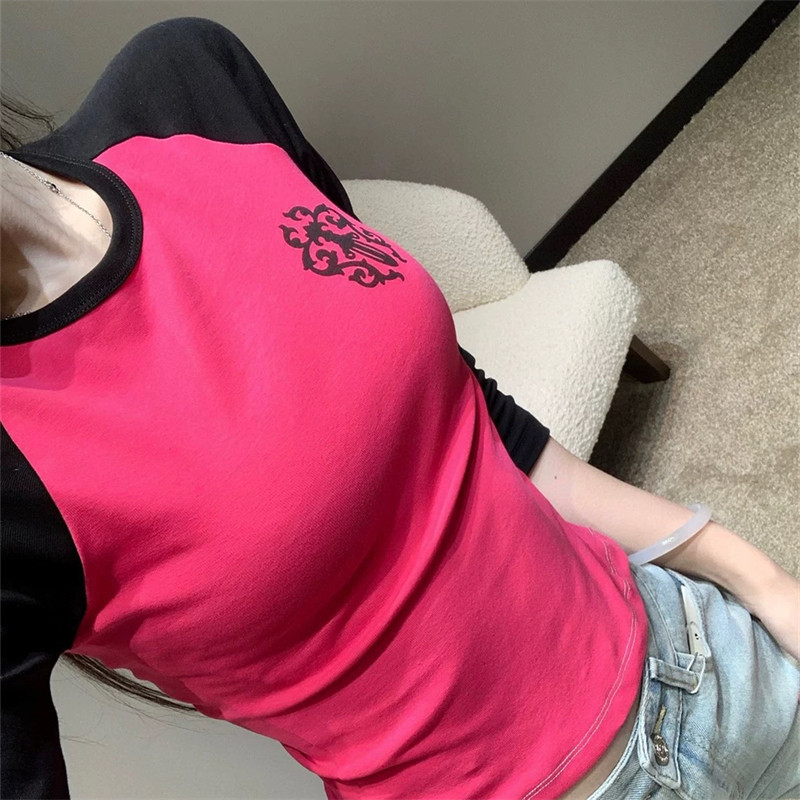 thumbnail for Sword Sanskrit print contrasting three-quarter sleeve T-shirt women's spring and summer fashion brand niche design sense slim base shirt top