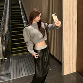 时髦套装 高腰字母织带皮裤 女秋冬短款 圆领落肩挺括卫衣哑光阔腿裤