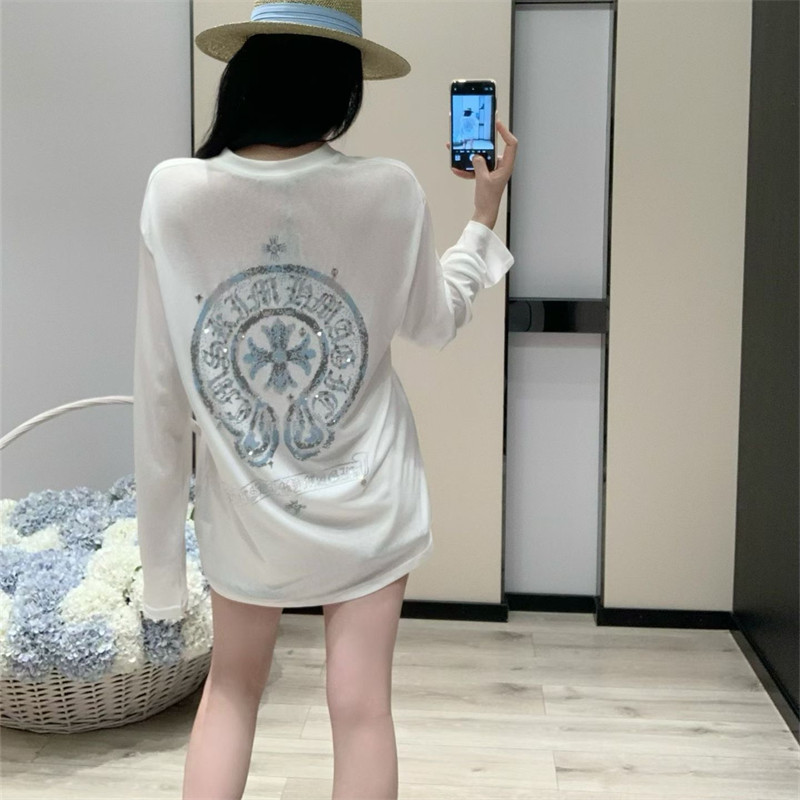 马蹄梵文重工烫钻薄款长袖T恤女夏小众设计感宽松显瘦慵懒防晒衫图片