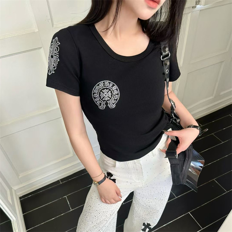 夏季新款马蹄梵文双臂烫钻短袖T恤女ins纯欲辣妹修身显瘦百搭上衣