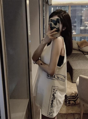 夏季新款韩版十字架印花背心女洋气性感宽松中长款纯棉无袖T恤潮