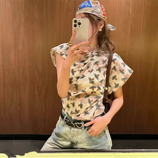 土星满印小飞袖T恤女夏季新款美式复古显瘦设计感打底衫短袖上衣