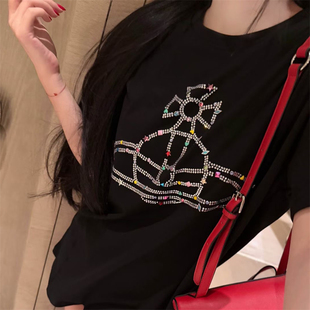 土星彩色重工烫钻短袖T恤女夏季新款韩版宽松中长款百搭休闲上衣