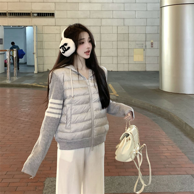 拼接针织长袖连帽拉链棉服女秋冬