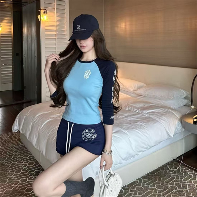 宝剑梵文双臂印花七分袖T恤女夏小众纯欲辣妹修身显瘦插肩袖上衣