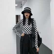 长袖 打底衫 上衣 何以沫 ins潮棋盘格内搭防晒t恤女半高领网纱薄款