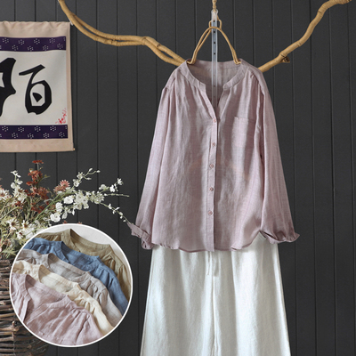 长袖苎麻衬衫小v领长袖文艺宽松