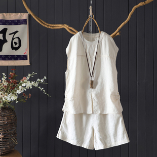 夏季凉爽舒适100%亚麻两件套宽松显瘦百搭包边纯色背心短裤套装女
