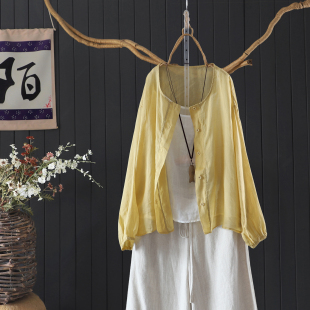 薄款100支细苎麻纯色长袖开衫上衣春夏季宽松短款空调衫防晒衣女