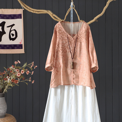 V领刺绣五分袖苎麻复古五分袖T恤