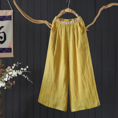 平腰拉链阔腿裤裙裤女苎麻九分裤