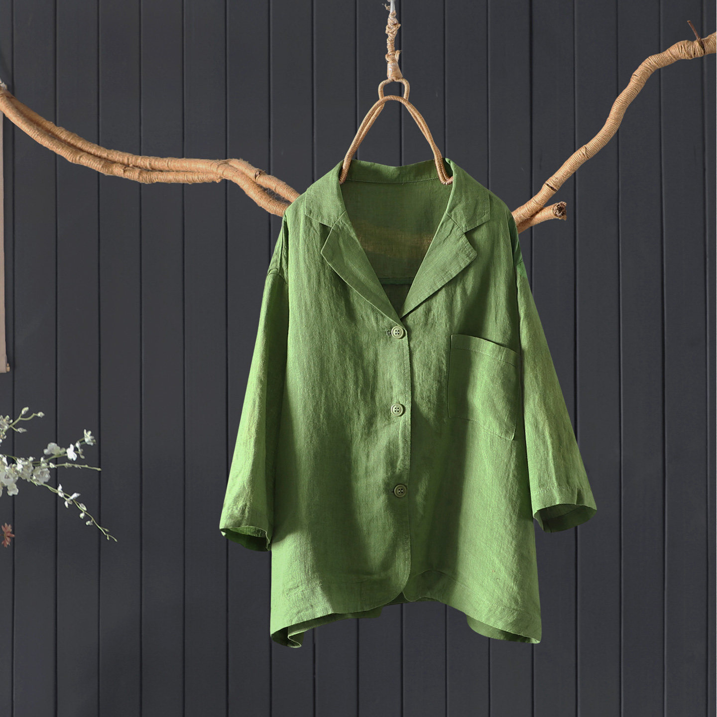 2026春夏季简约宽松纯色小西装短外套女五分袖戗驳领100%亚麻开衫