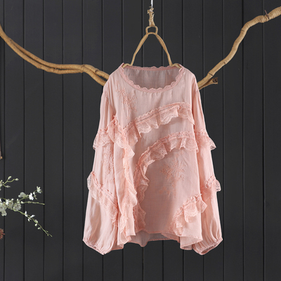 刺绣花边拼接苎麻长袖T恤罩衫女