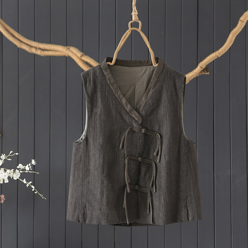 复古新中式V领无袖盘扣棉麻马甲女秋季双层小众短款显瘦背心马夹