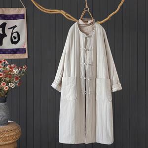 复古国风圆领长款夹棉加厚袍子外套棉袄冬宽松慵懒盘扣棉衣棉服女