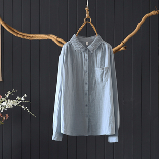 优雅气质蕾丝拼接小翻领纯色双层棉纱衬衫上衣春秋季100%棉衬衫女