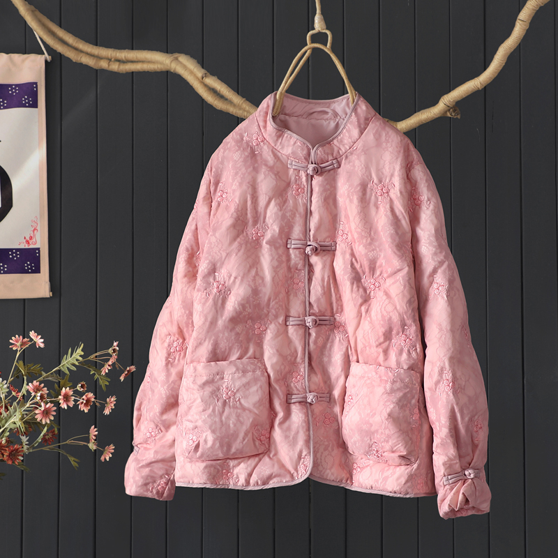 复古国风绣花立领羽绒服女盘扣冬