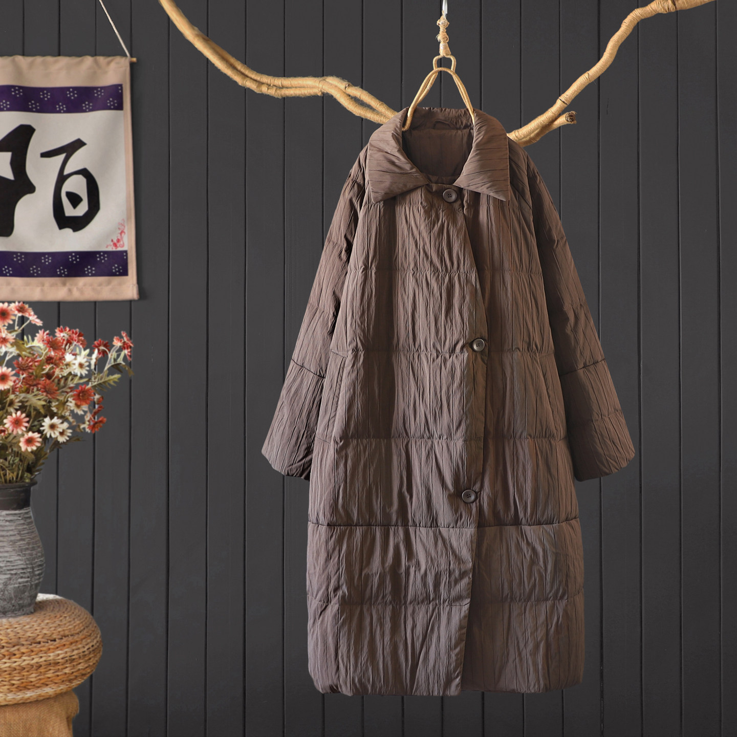 宽松大版过膝长款纯色羽绒服女慵懒翻领90%白鸭绒保暖外套面包服