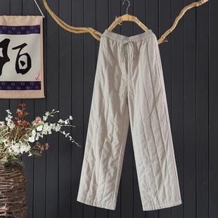 冬季宽松文艺天丝苎麻夹棉加厚直筒裤加长长裤女绗线显瘦阔腿棉裤