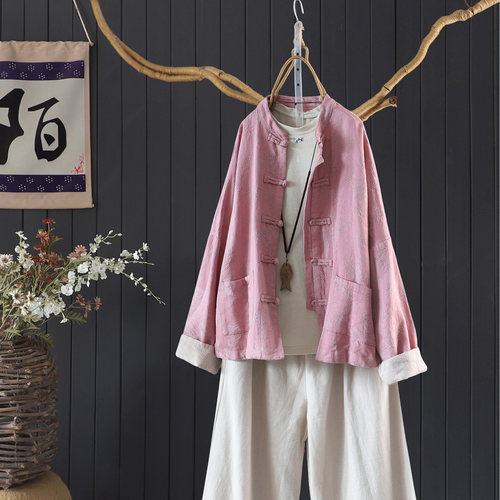 秋季暗纹提花立领盘扣外套茶服女